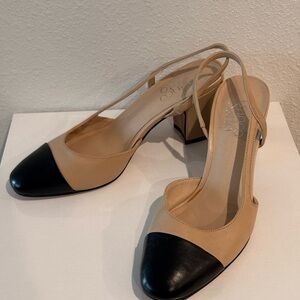 Franco Sarto Tan and Black Block Heels